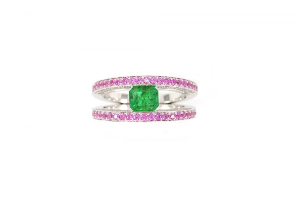 Bague Emeraude, Saphirs roses et Diamants 2