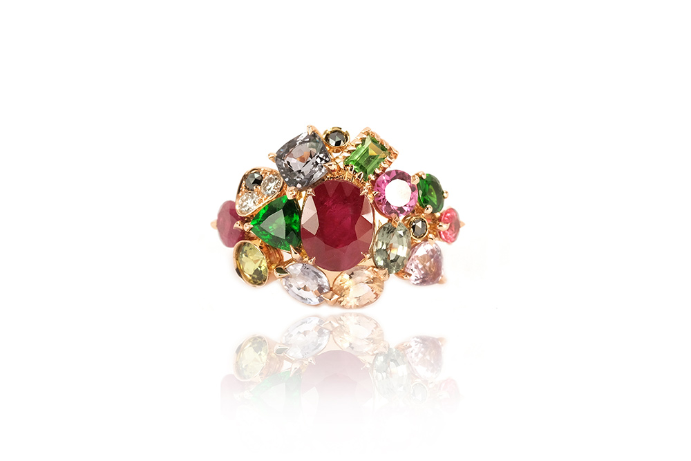 Bague Jungle, or rouge et pierres précieuses 1