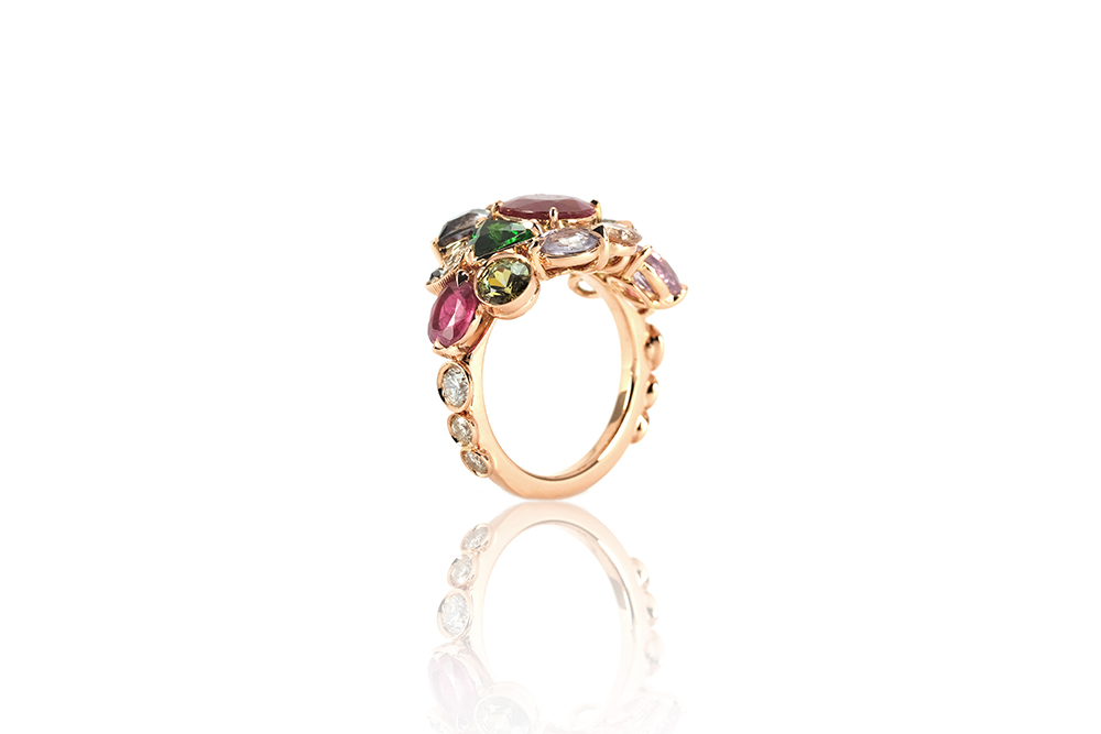 Bague Jungle, or rouge et pierres précieuses 3