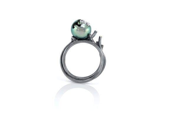 Bague or, argent, perle diamants jaune 9