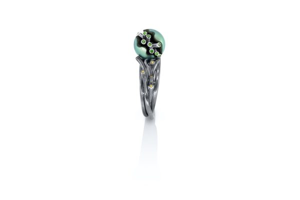 Bague or, argent, perle diamants jaune 8