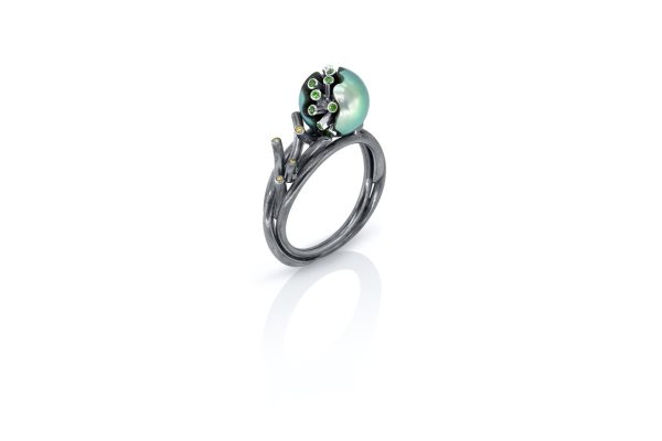 Bague or, argent, perle diamants jaune 7