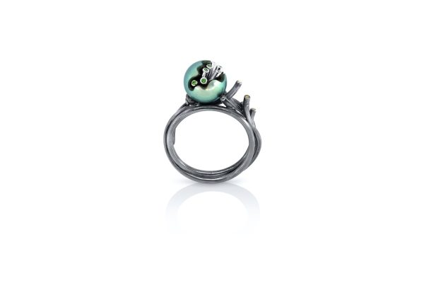 Bague or, argent, perle diamants jaune 6