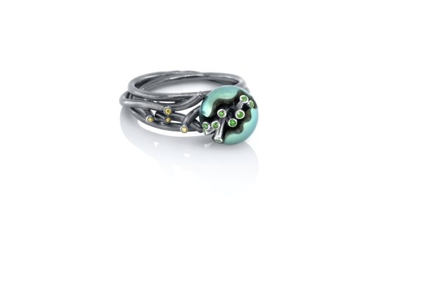 Bague or, argent, perle diamants jaune 5