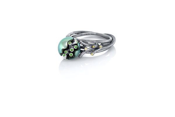 Bague or, argent, perle diamants jaune 3